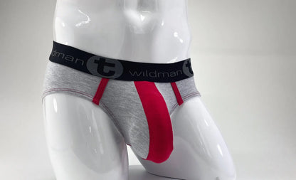 Wildmant stretch cotton big boy pouch brief in gray and red with black waistband featuring wildman logo