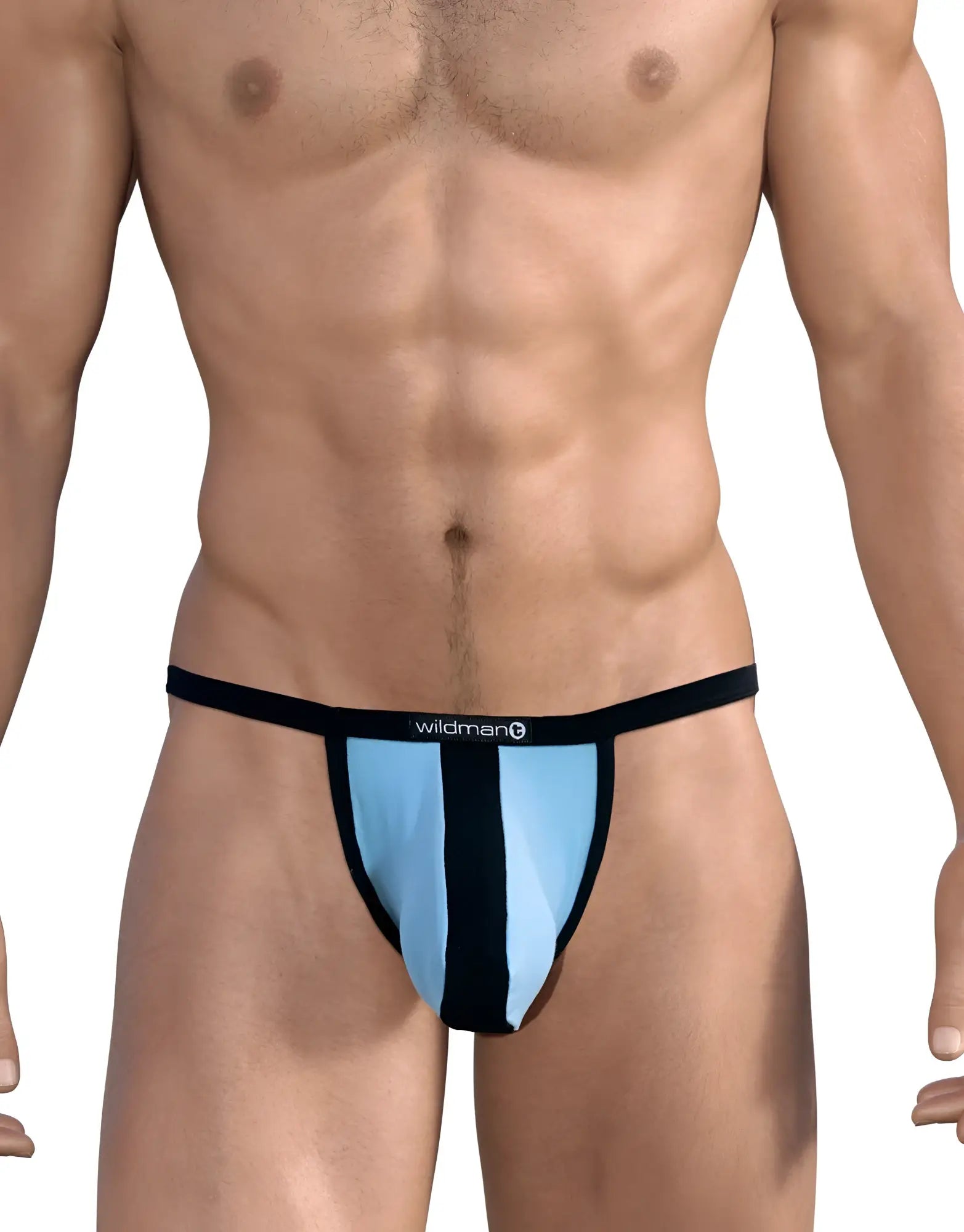 Wildmant stretch cotton micro thong in light blue and black with big boy pouch and wildman logo waistband