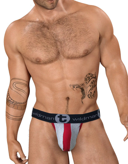Wildmant stretch cotton strapless jock big boy pouch in red white and gray stripes with black waistband and wildman logo