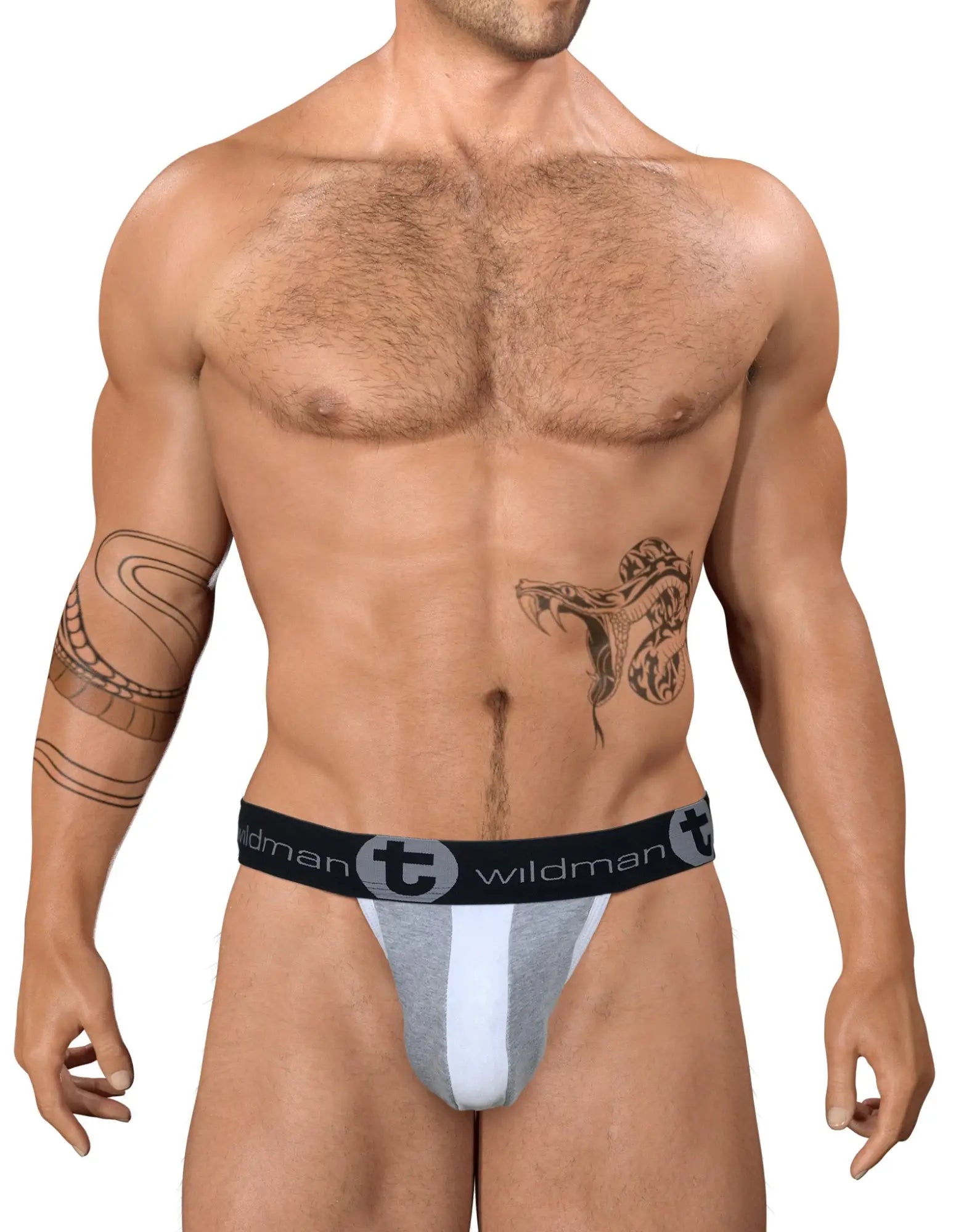 Gray and white wildman athletic briefs with a black waistband made from stretch cotton in a strapless jock design