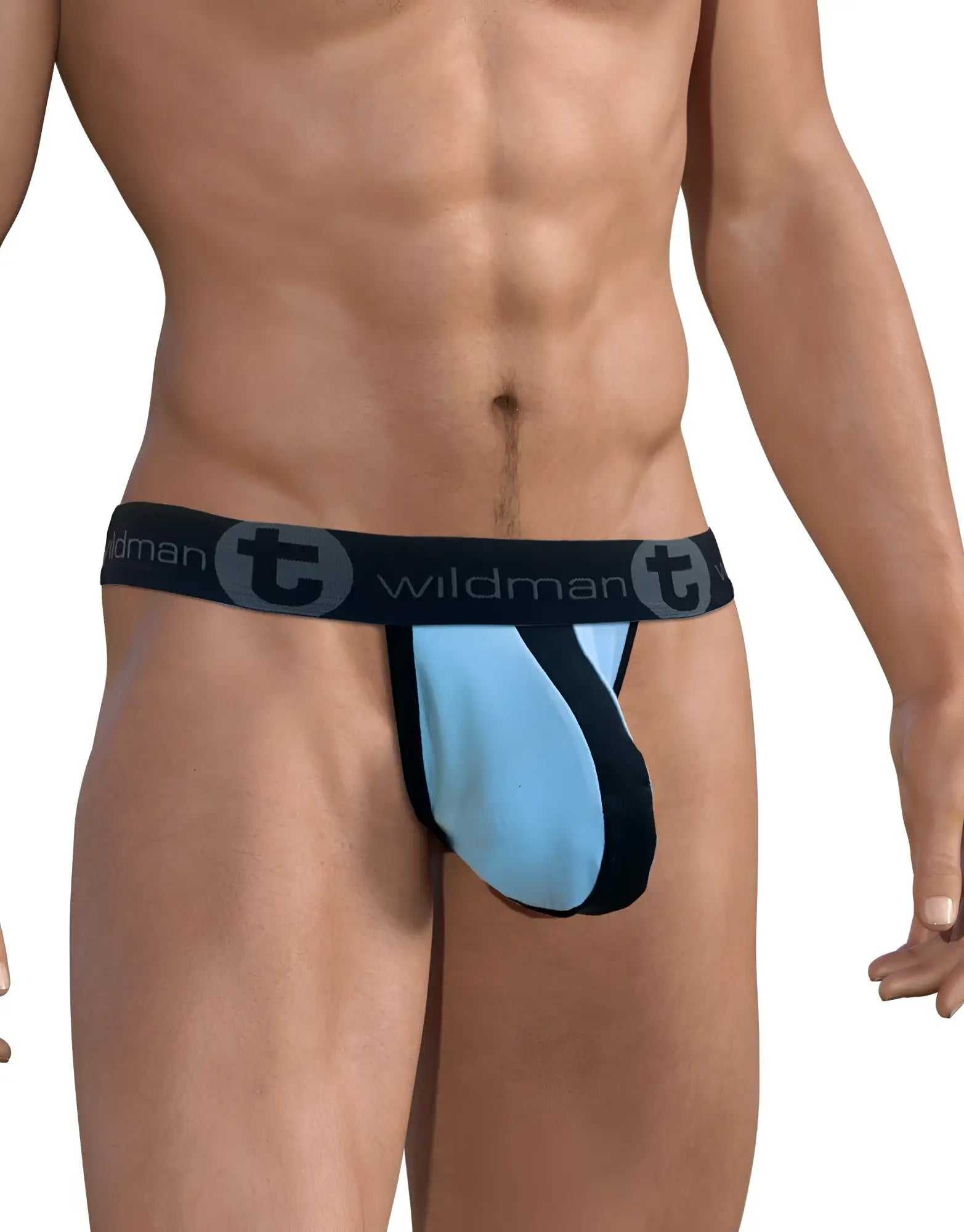 WildmanT stretch cotton strapless jock big boy pouch in black and light blue with contoured design