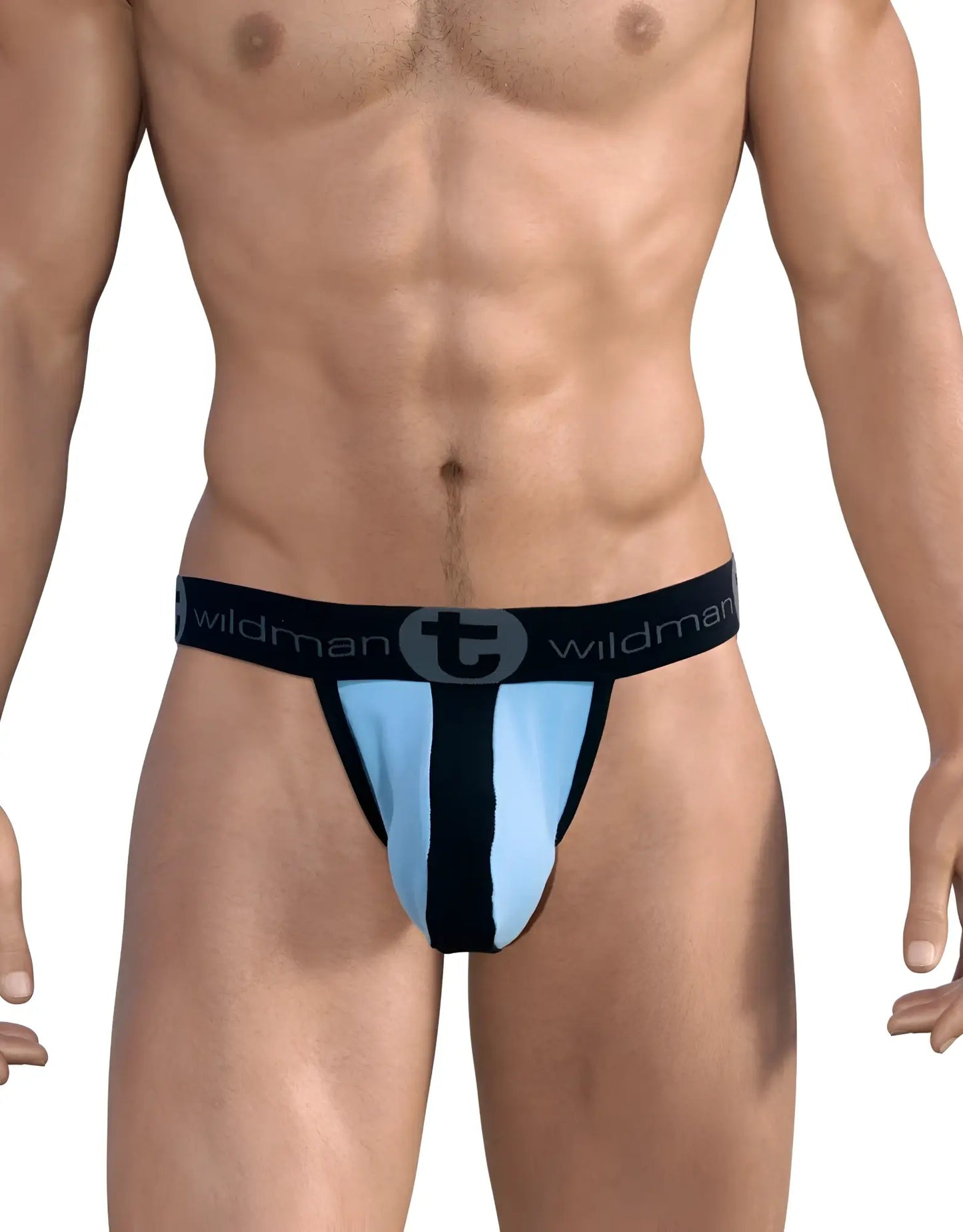 Wildmant stretch cotton strapless jock big boy pouch in light blue and black with branded waistband