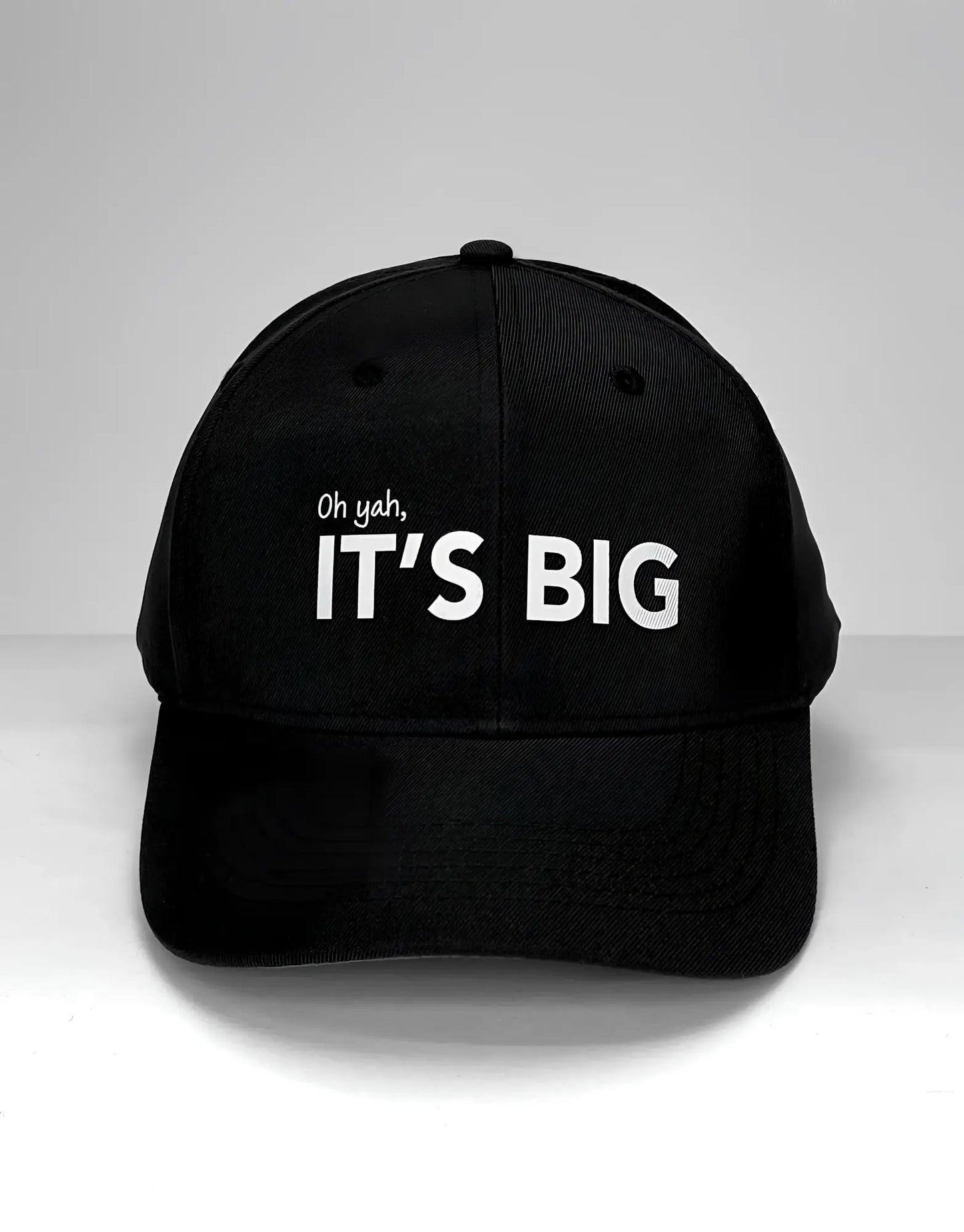 Black cotton baseball cap wildmant vanity cap with white embroidered oh yah its big text on front panel
