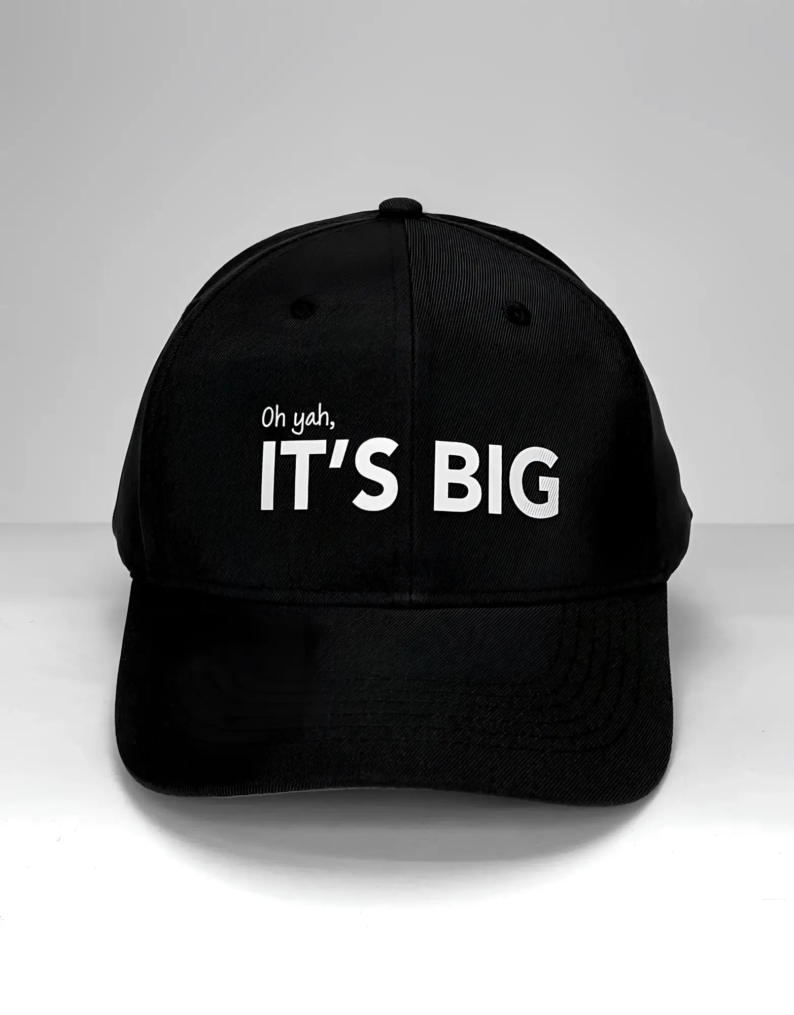 Black cotton baseball cap wildmant vanity cap with white embroidered oh yah its big text on front panel