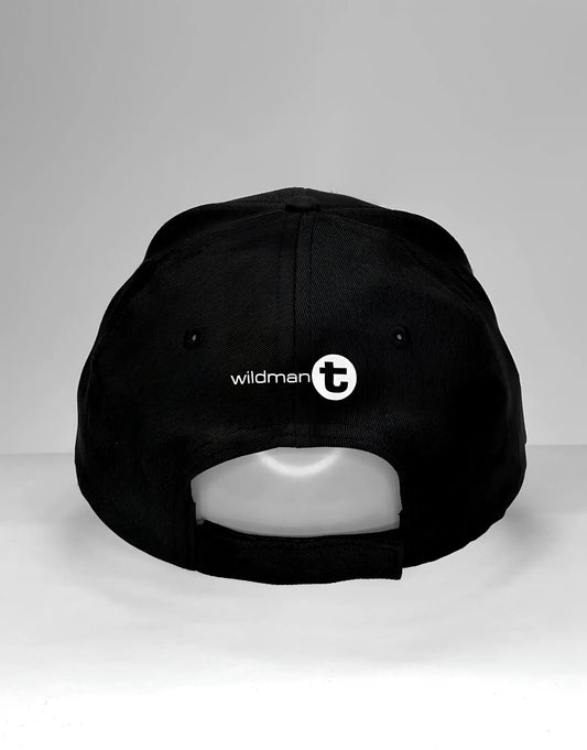 Black wildman t vanity cap its big with white logo and circular emblem on the back side