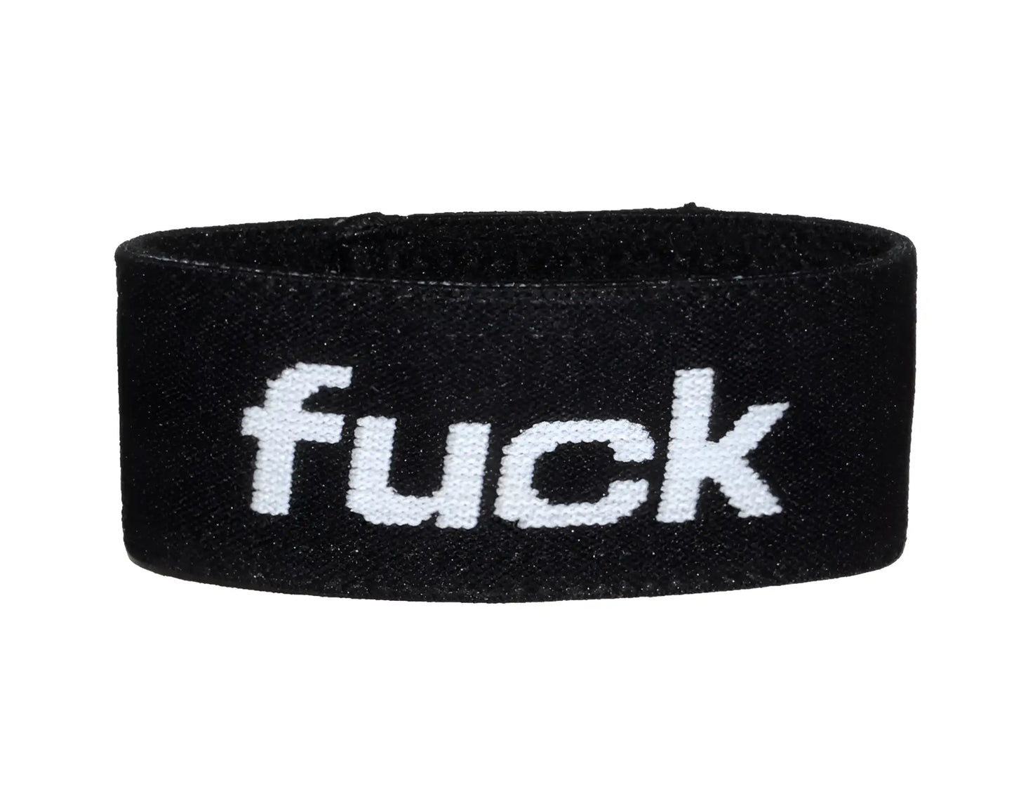 Wildmant verbal max cock-ring black elastic wristband with white embroidered fuck text visible on the front side
