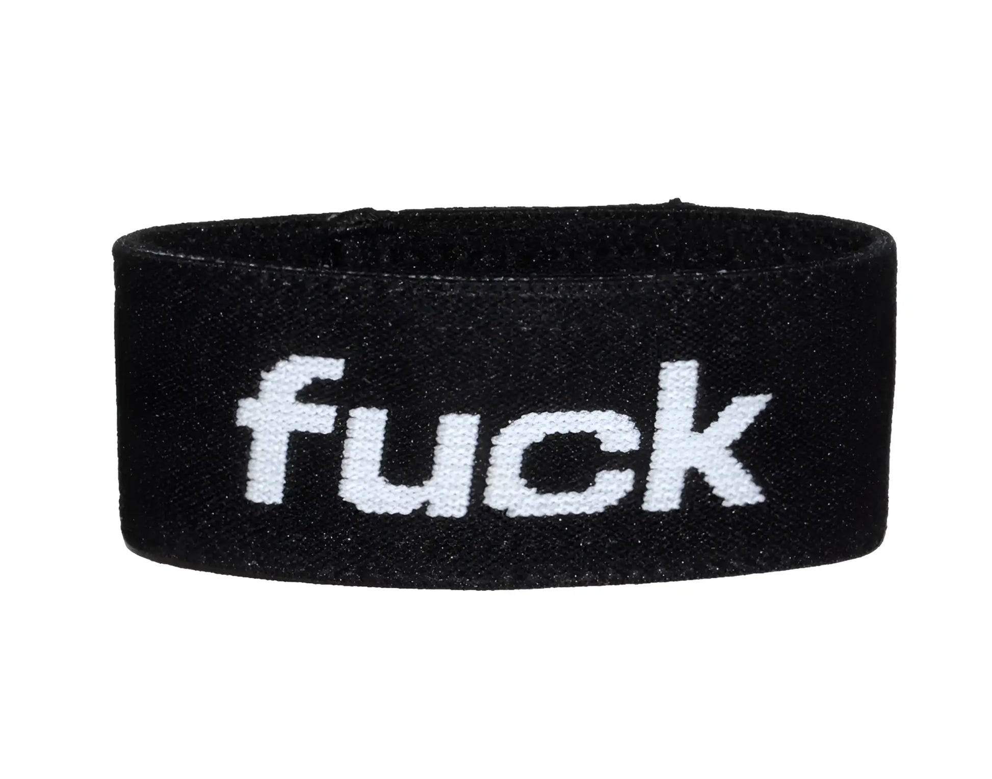 Black elastic band with the word "fuck" in white text on the front.