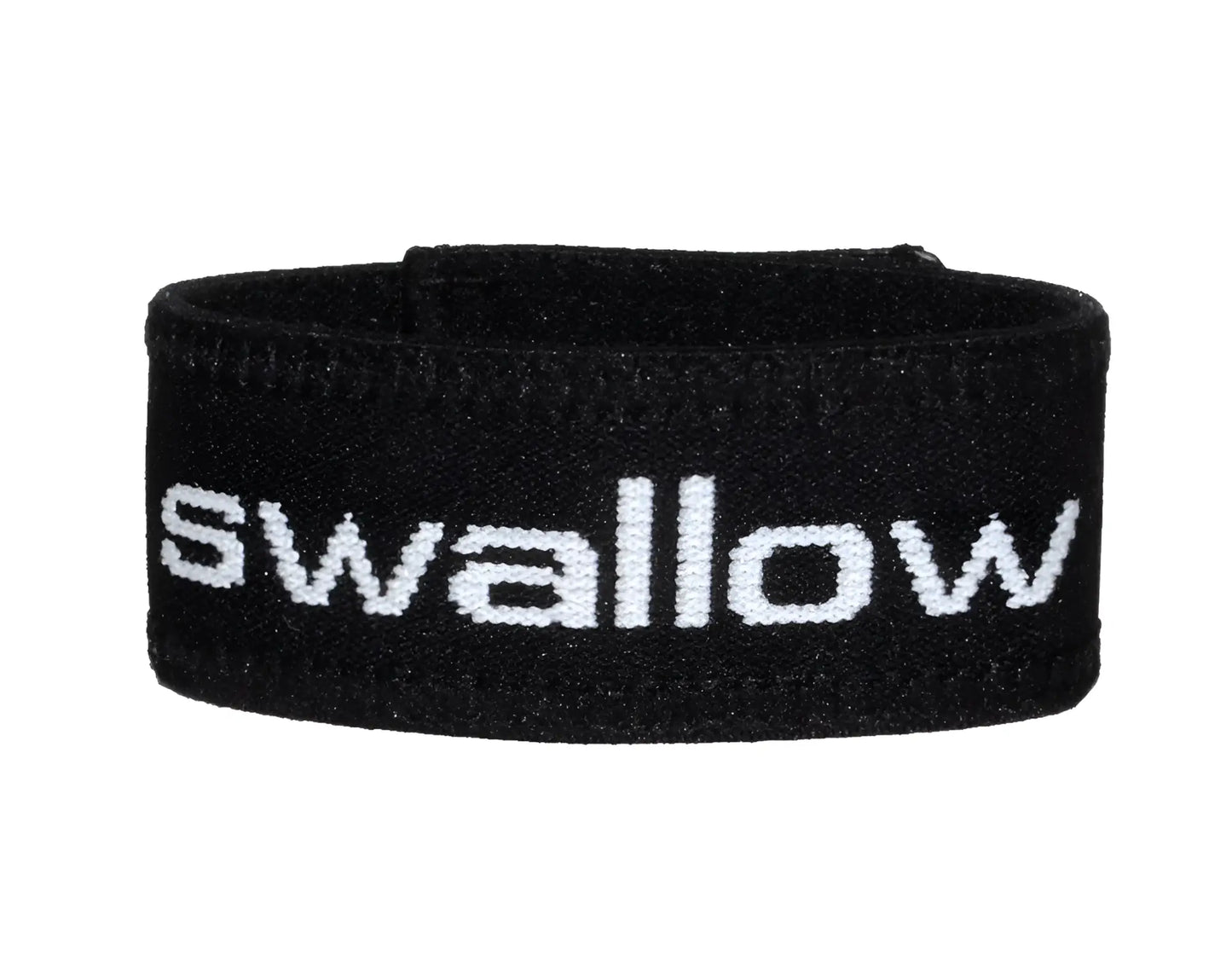 Black woven fabric wristband with white swallow lettering from wildmant verbal max cock ring collection
