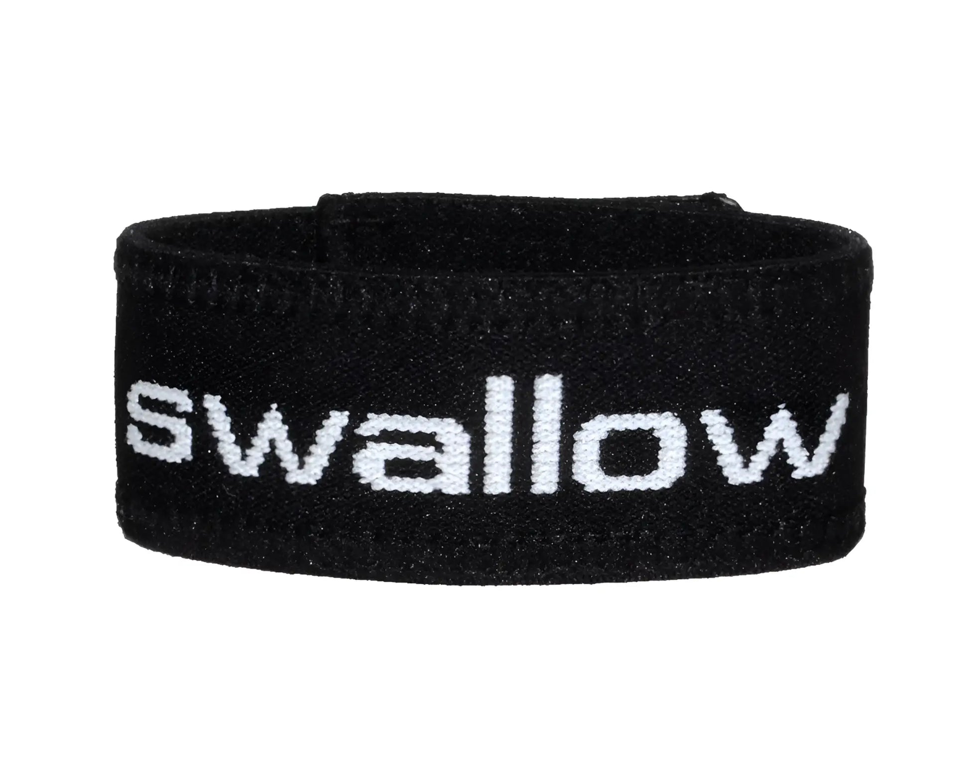 Black woven fabric wristband with white swallow lettering from wildmant verbal max cock ring collection