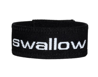 Black woven fabric wristband with white swallow lettering from wildmant verbal max cock ring collection
