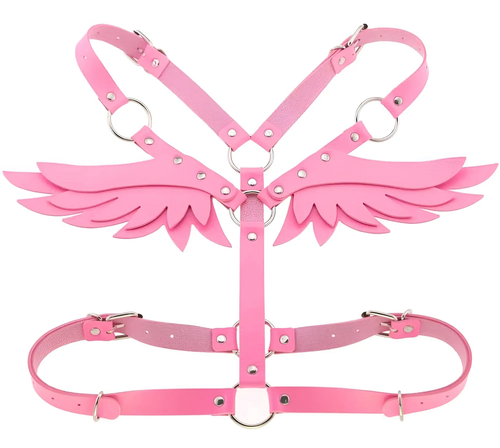 Pink leather angel wing harness with silver toned metal hardware showing the back side of the wings harness