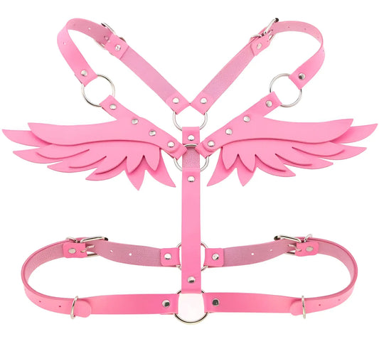 Pink leather angel wing harness with silver toned metal hardware showing the back side of the wings harness
