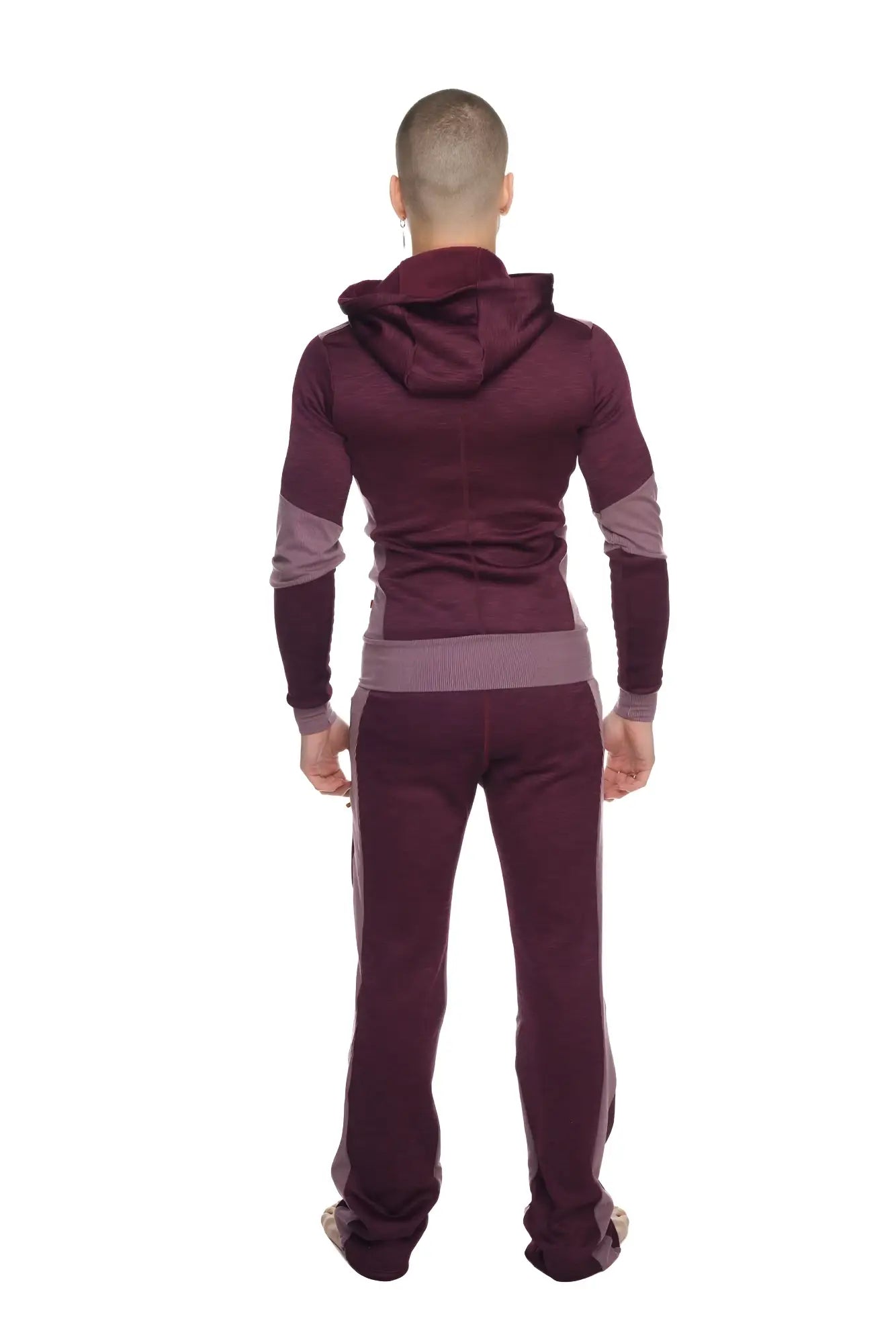 Maroon and gray two-piece heavy-weight fleece form-fit yoga tracksuit with hooded top and matching pants from winter collection