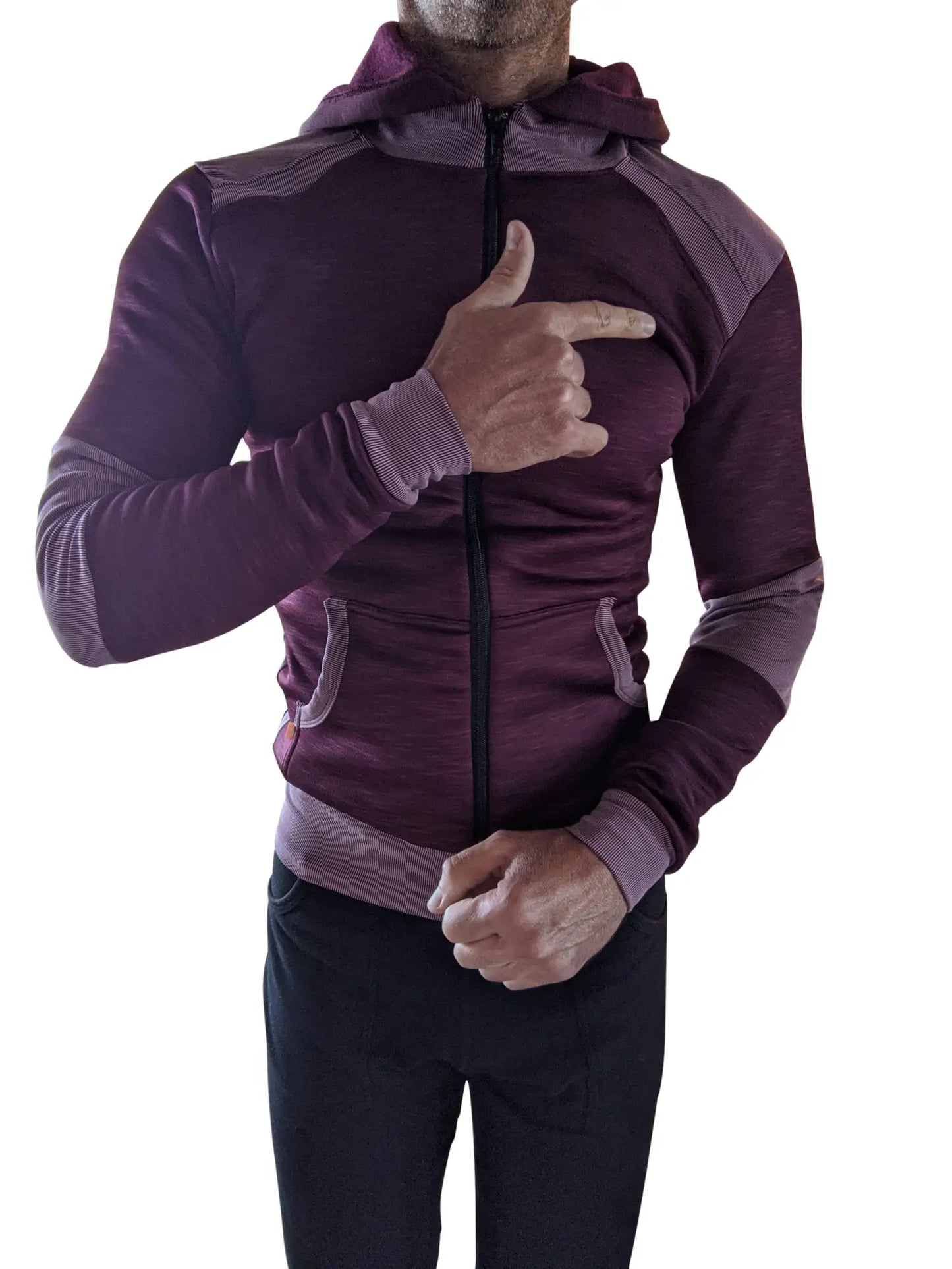 A maroon and gray zip-up performance-luxe fleece yoga hoodie with textured panels and ribbed cuffs from winter collection