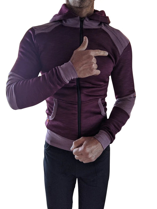 A maroon and gray zip-up performance-luxe fleece yoga hoodie with textured panels and ribbed cuffs from winter collection