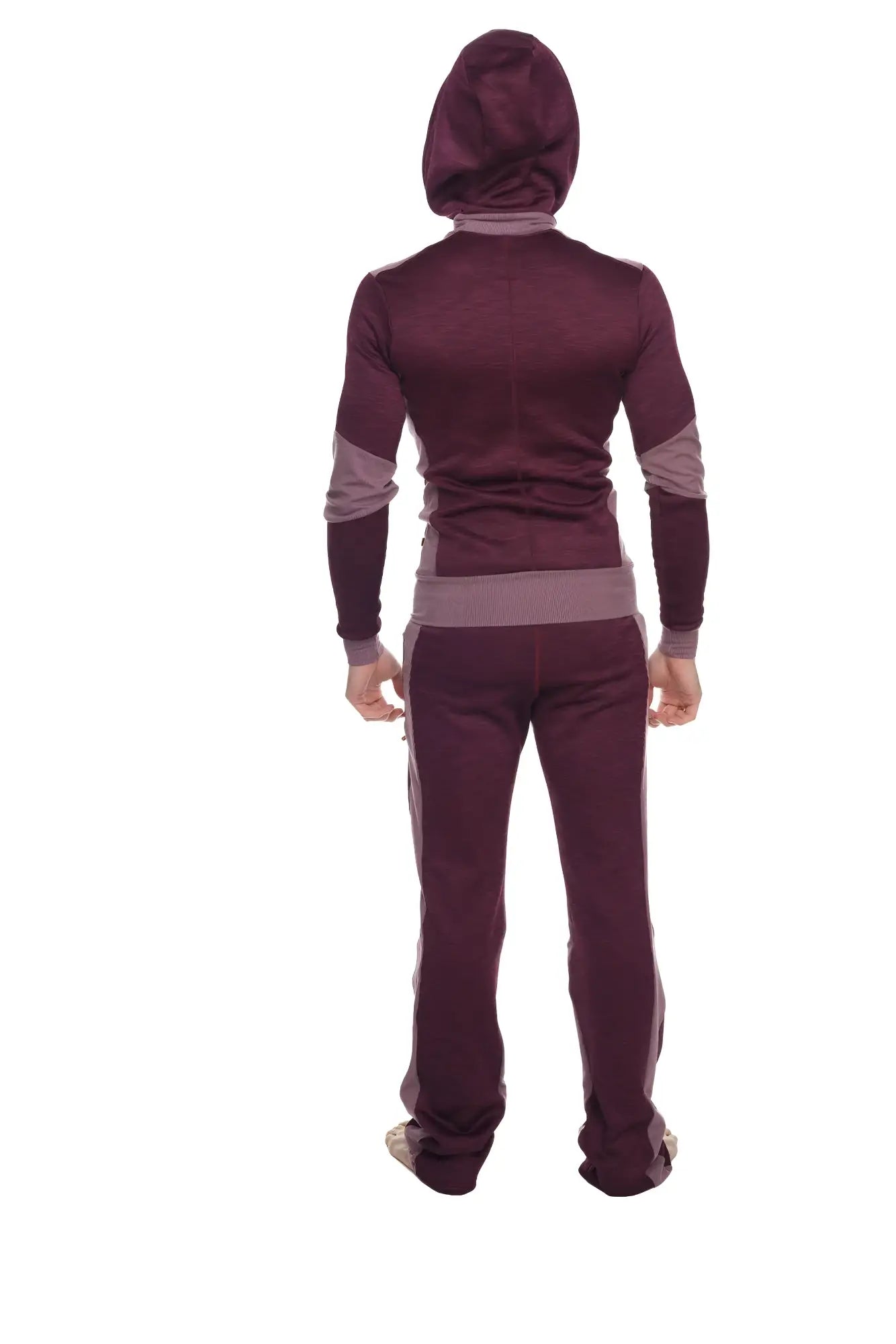 Maroon and gray heavy-weight fleece two-piece tracksuit with hooded top and contrasting panels from winter collection