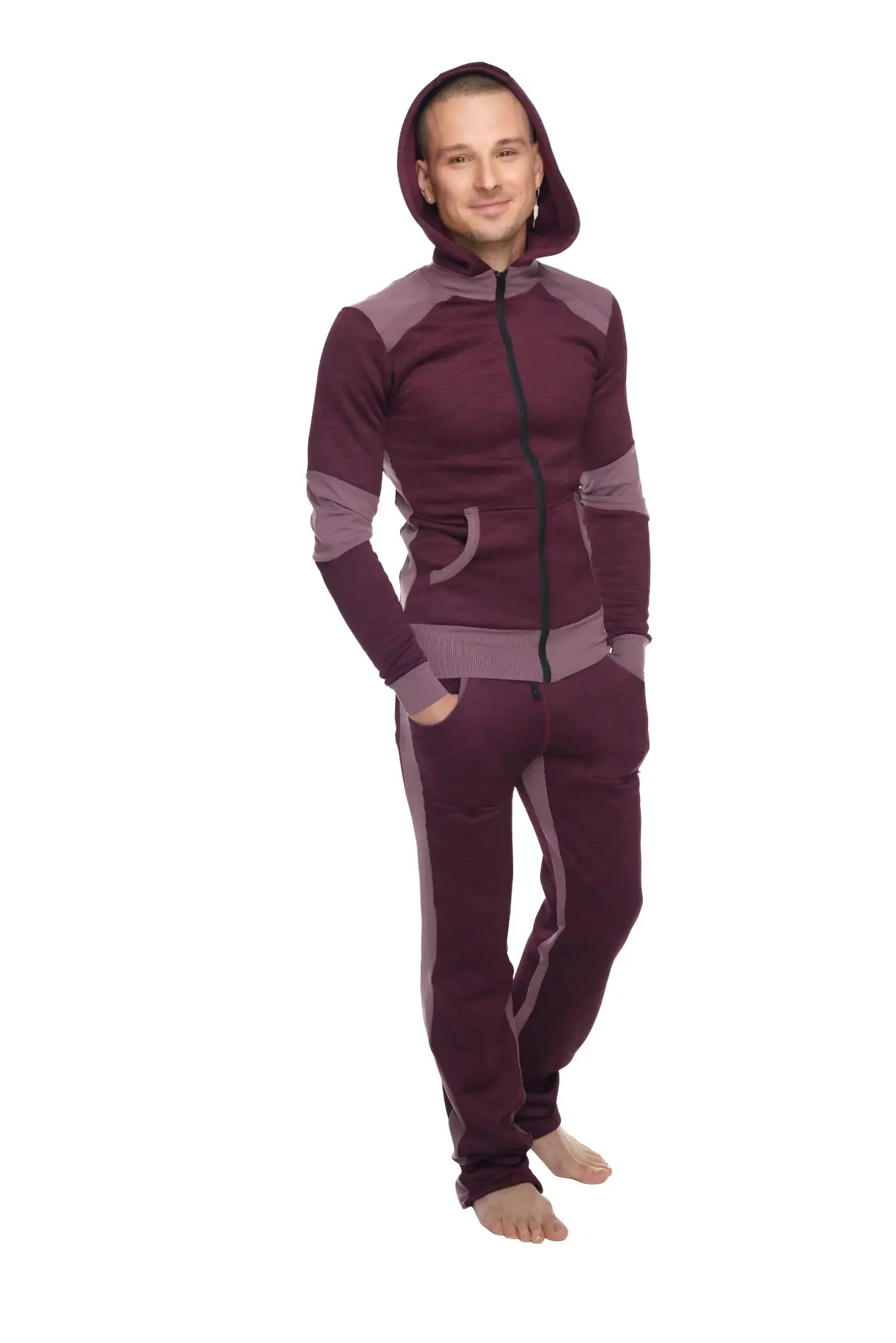 Maroon and gray two-piece heavy-weight fleece hoodie sweatset with contrasting panels from winter collection plum purple