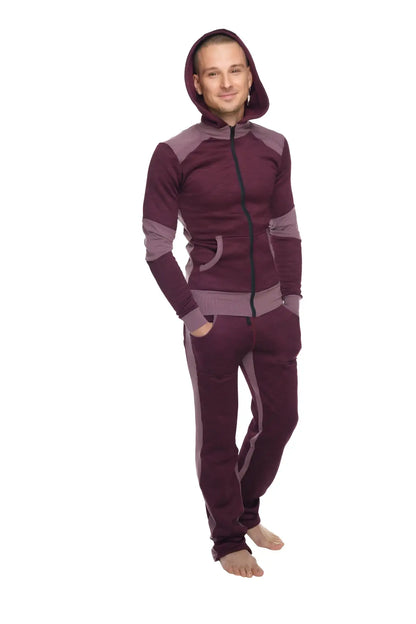 Maroon and gray two-piece heavy-weight fleece hoodie sweatset with contrasting panels from winter collection plum purple