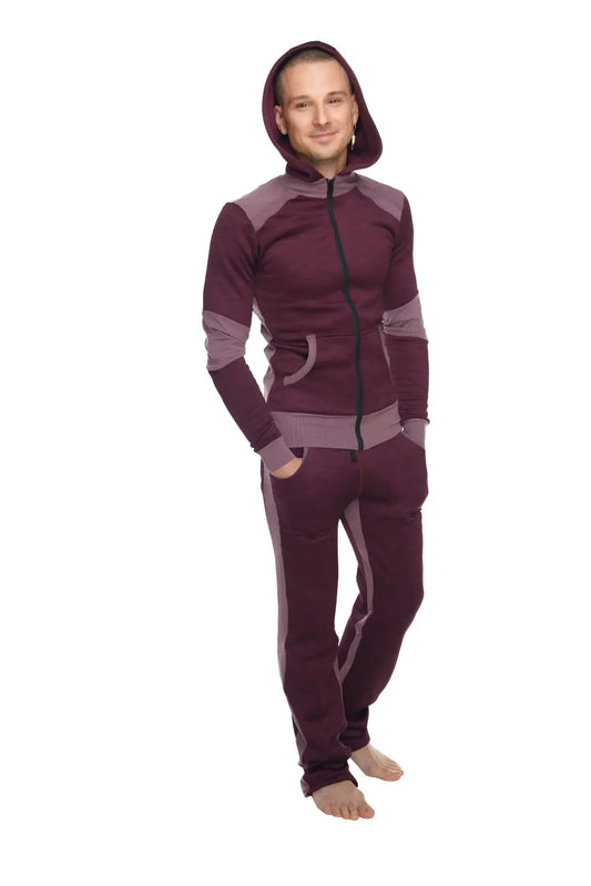Maroon and gray two-piece heavy-weight fleece hoodie sweatset with contrasting panels from winter collection plum purple