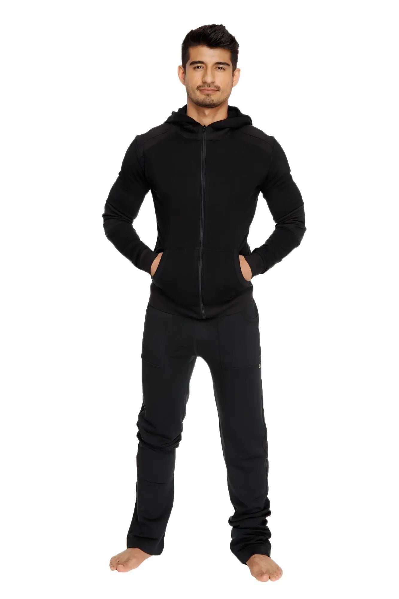 Black mid-weight luxury-fleece zip-up hoodie with long sleeves and front pockets for yoga and winter wear