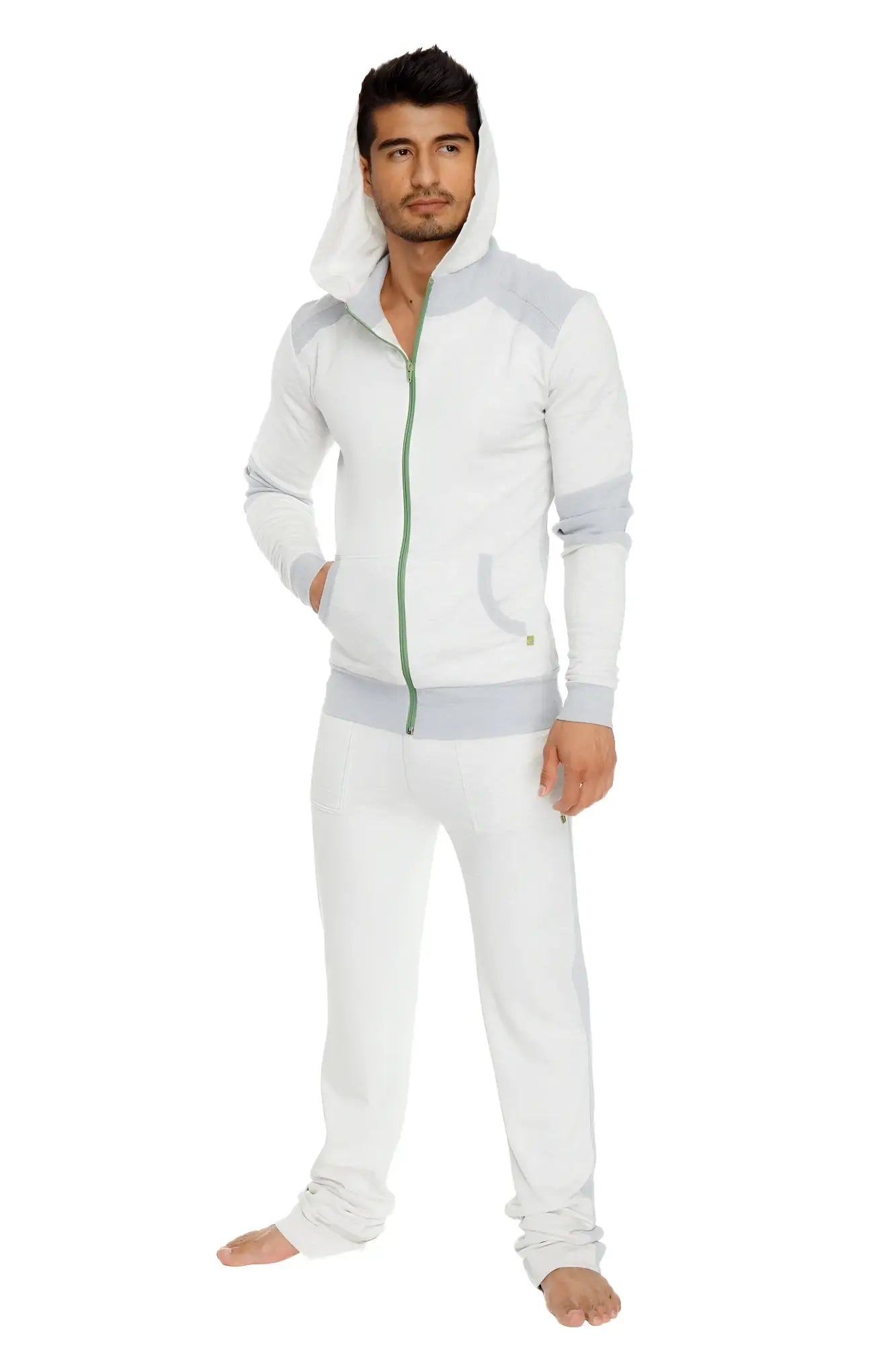 Light grey and white mid-weight luxury-fleece hoodie with green zipper trim for yoga and casual wear