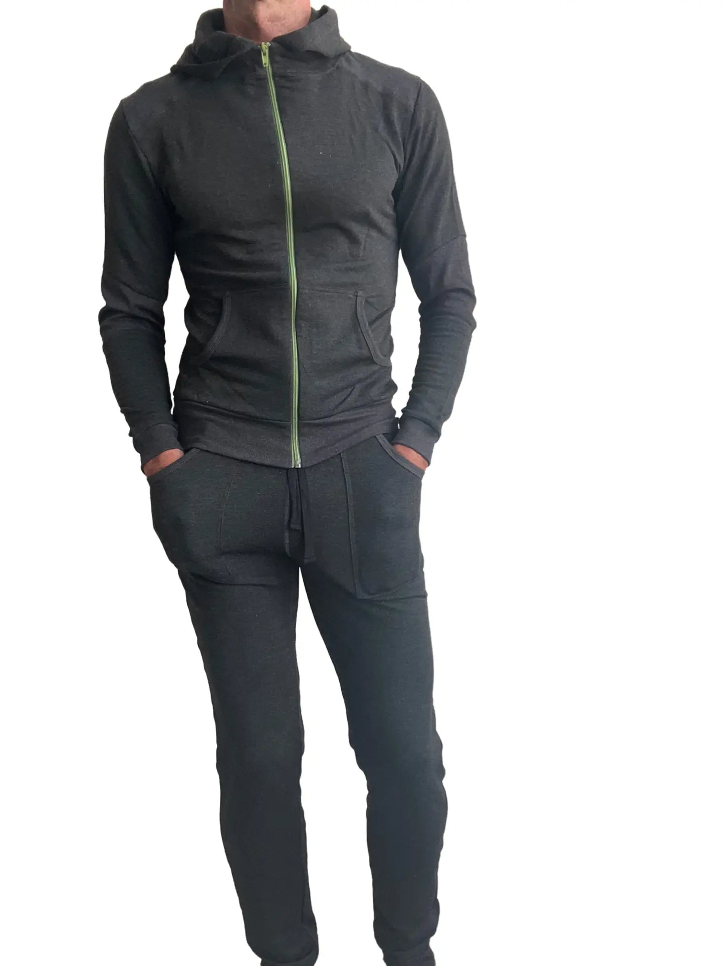 Black mid-weight luxury fleece form-fit crossover yoga track hoodie with lime green zipper and matching joggers