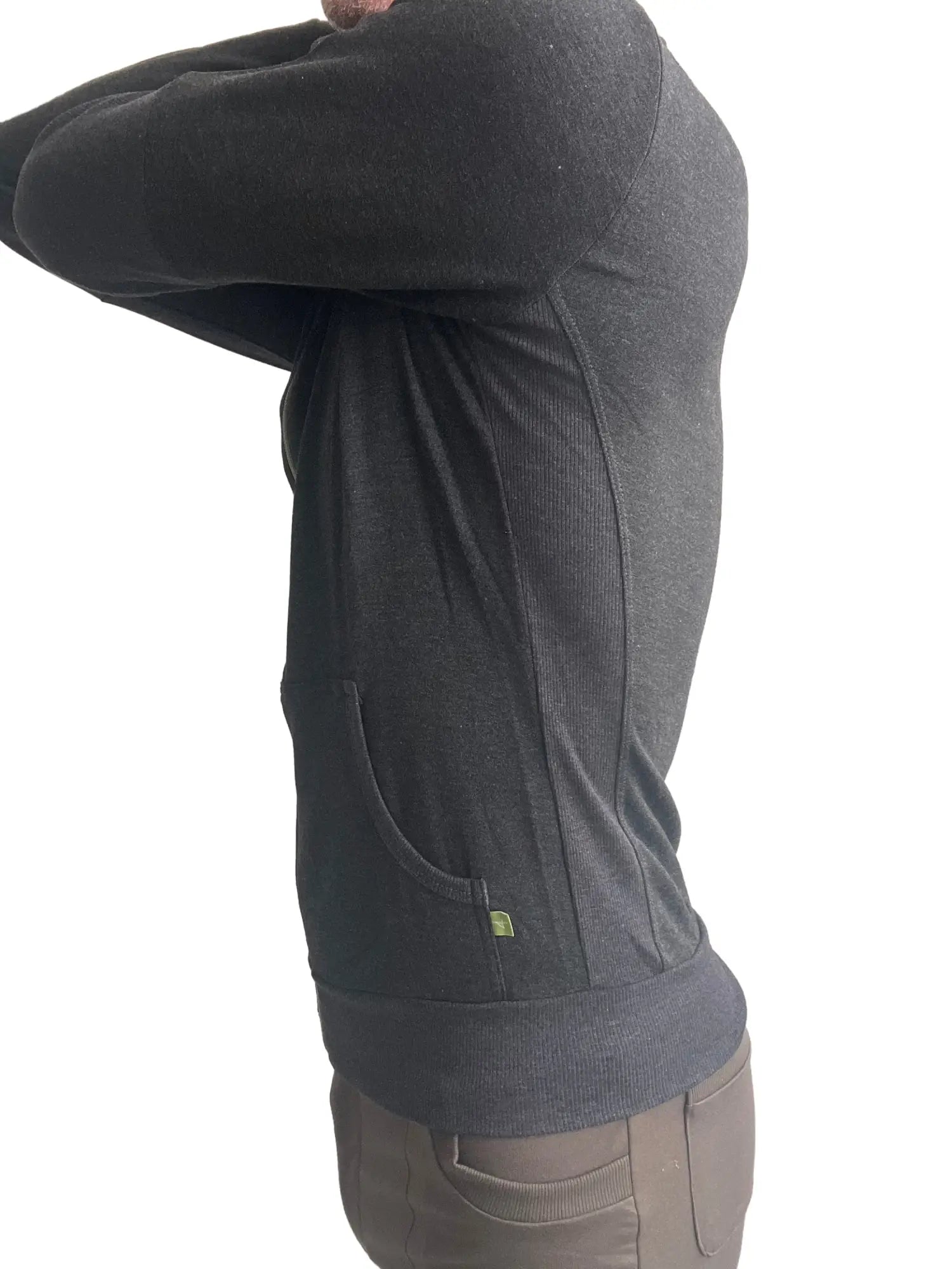 Dark gray mid-weight luxury fleece long-sleeved pullover with ribbed cuffs and hem for winter activewear