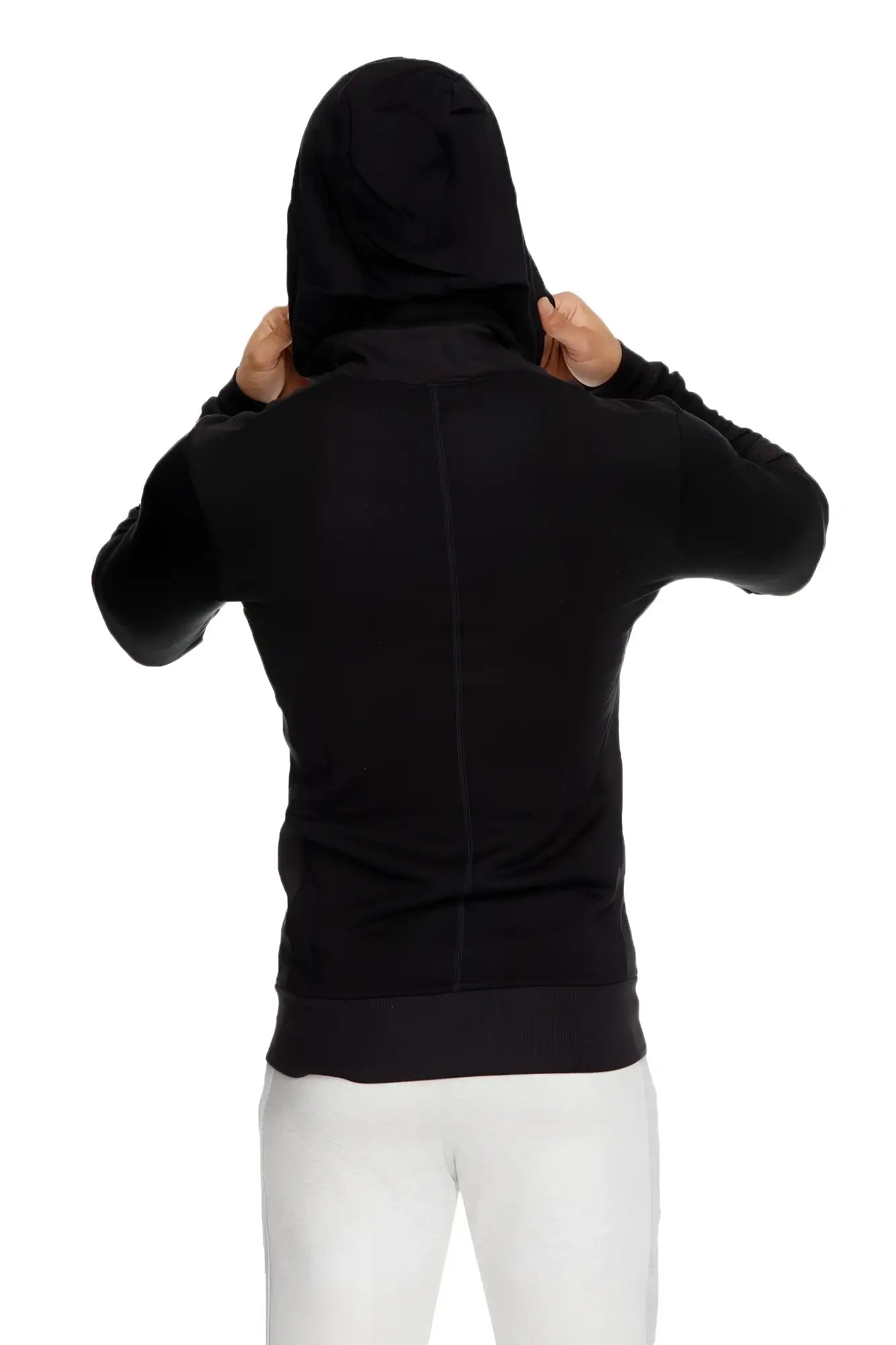 Back view of black mid-weight luxury-fleece hoodie with central seam ribbed cuffs and hem for yoga and track use