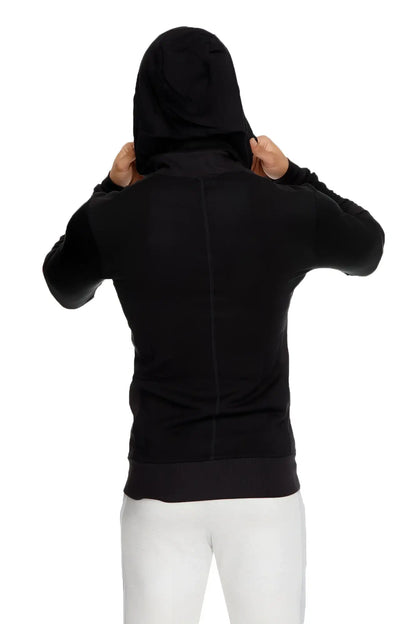 Back view of black mid-weight luxury-fleece hoodie with central seam ribbed cuffs and hem for yoga and track use