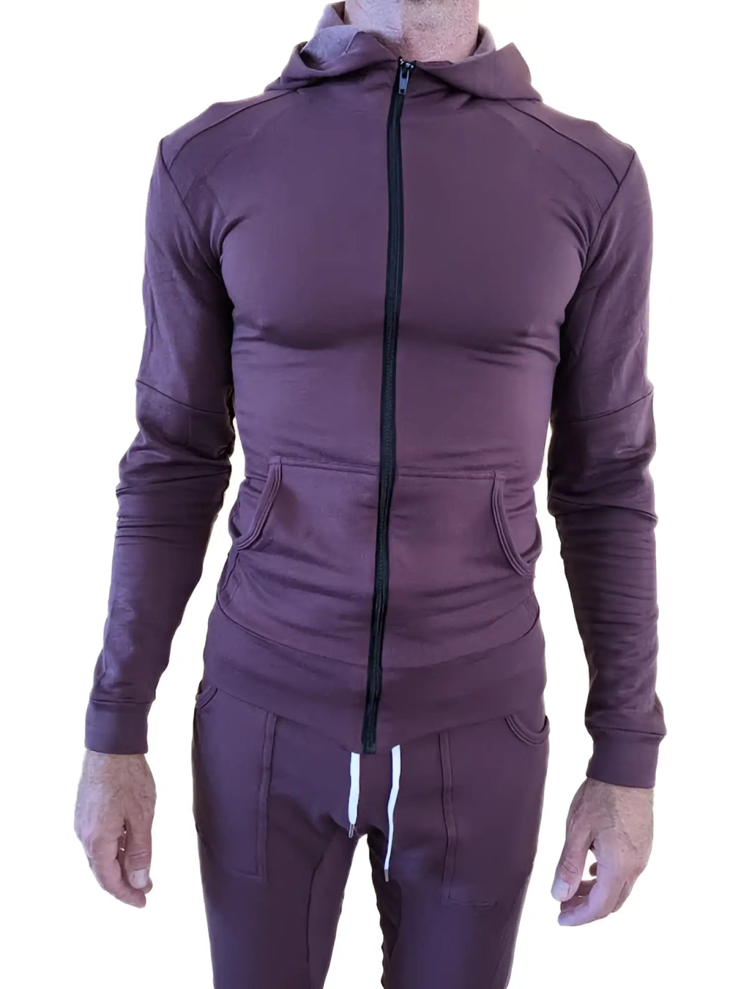 Purple zip-up hoodie with matching pants mid-weight luxury fleece form-fit crossover yoga track set with contrast stitching