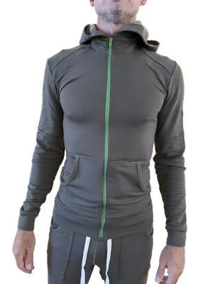 Dark olive green mid-weight luxury fleece zip-up hoodie with bright green zipper and front pockets for yoga and winter use