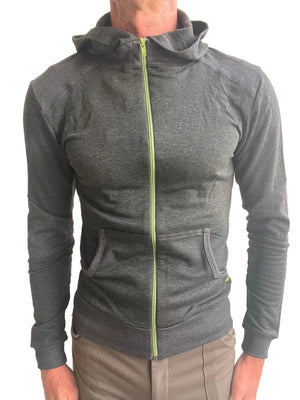 Charcoal mid-weight luxury-fleece zip-up hoodie with neon green zipper and front pockets for yoga and track use