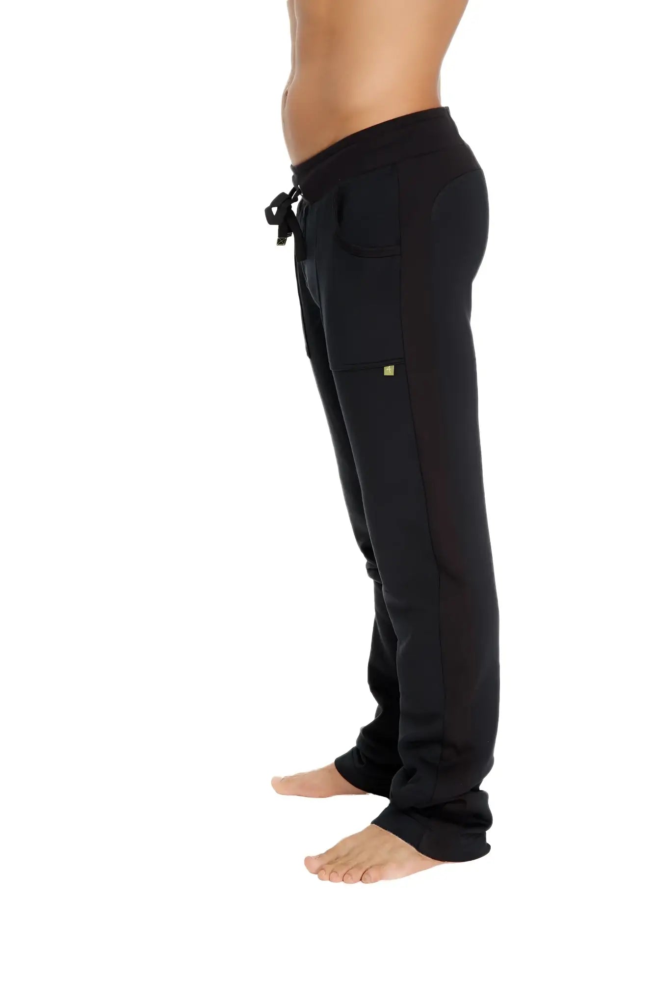 Black mid-weight luxury-fleece sweatpants with drawstring and lime green logo on thigh from winter collection