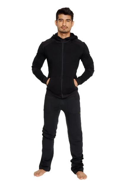 Black zip-up hoodie with long sleeves and front pockets from winter collection mid-weight luxury fleece line