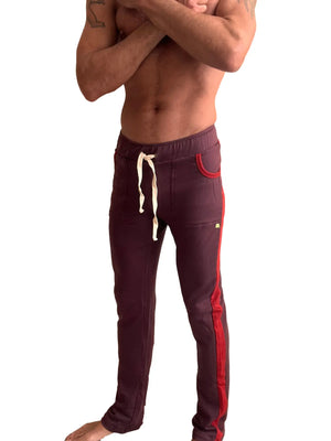 Winter collection mid-weight luxury-fleece burgundy track pants with red side stripes and cream drawstring detail