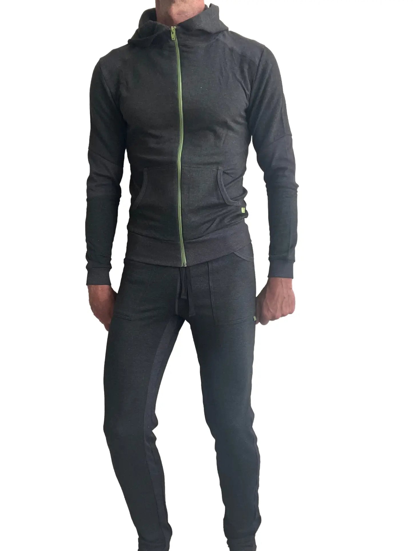 Black zip-up hoodie with neon green zipper and matching mid-weight luxury fleece charcoal sweat pant set