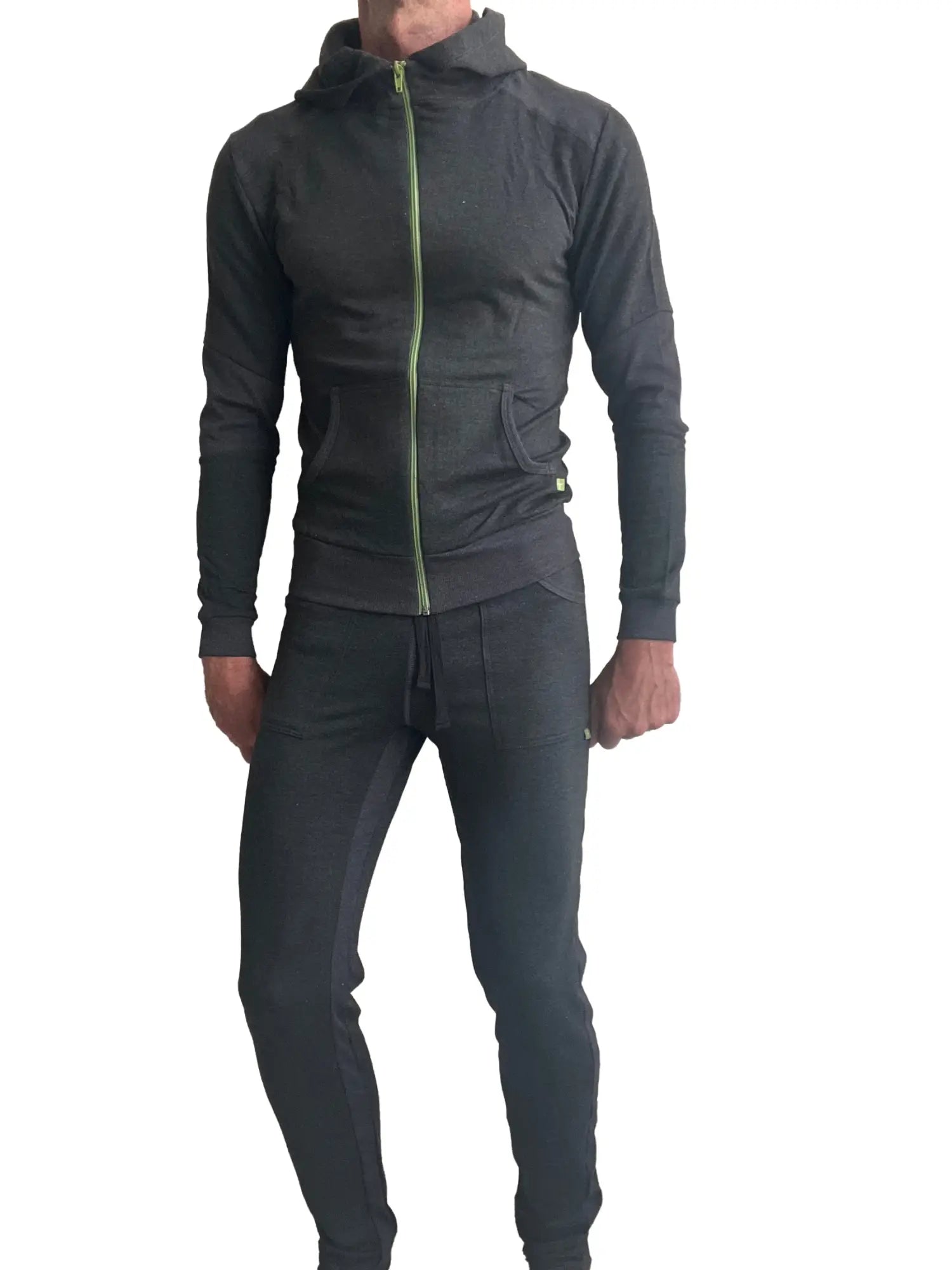 Black zip-up hoodie with neon green zipper and matching mid-weight luxury fleece charcoal sweat pant set