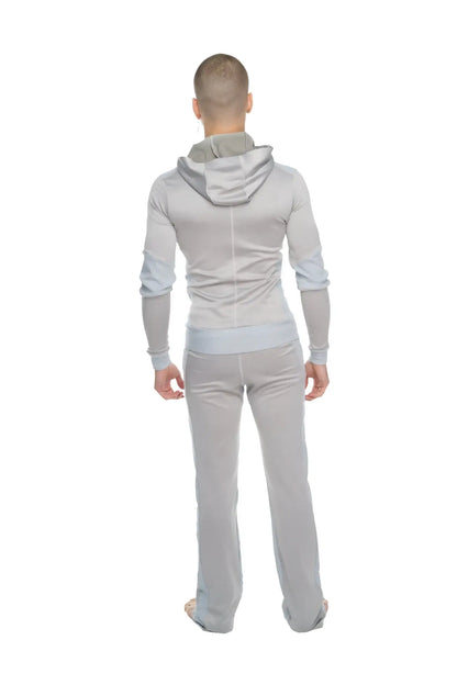 Gray hooded sweatshirt with light blue accents mid-weight performance-luxe-fleece form-fit yoga track hoodie