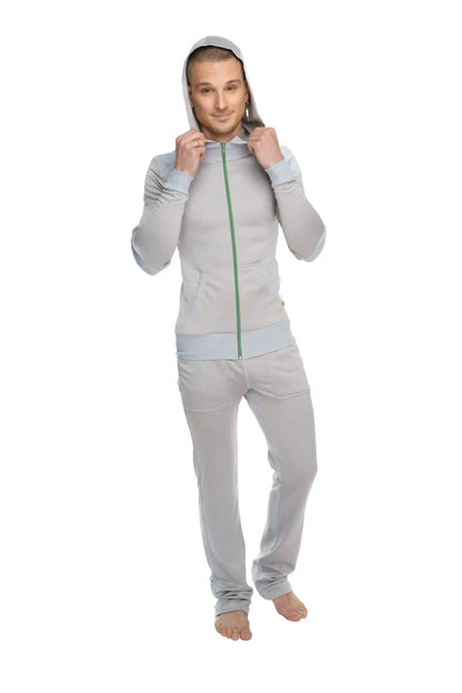 A light gray mid-weight performance-luxe-fleece form-fit yoga track hoodie with green zipper and matching hood