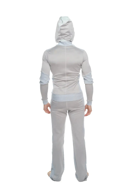 Light gray mid-weight performance-luxe-fleece yoga track hoodie and pants set with soft stretchy fabric and subtle seam detailing