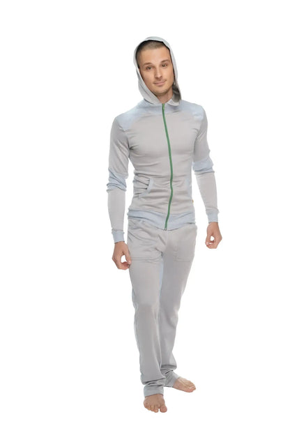 Light gray hooded zip-up tracksuit with green zipper and subtle seams from winter collection mid-weight fleece lounge pant