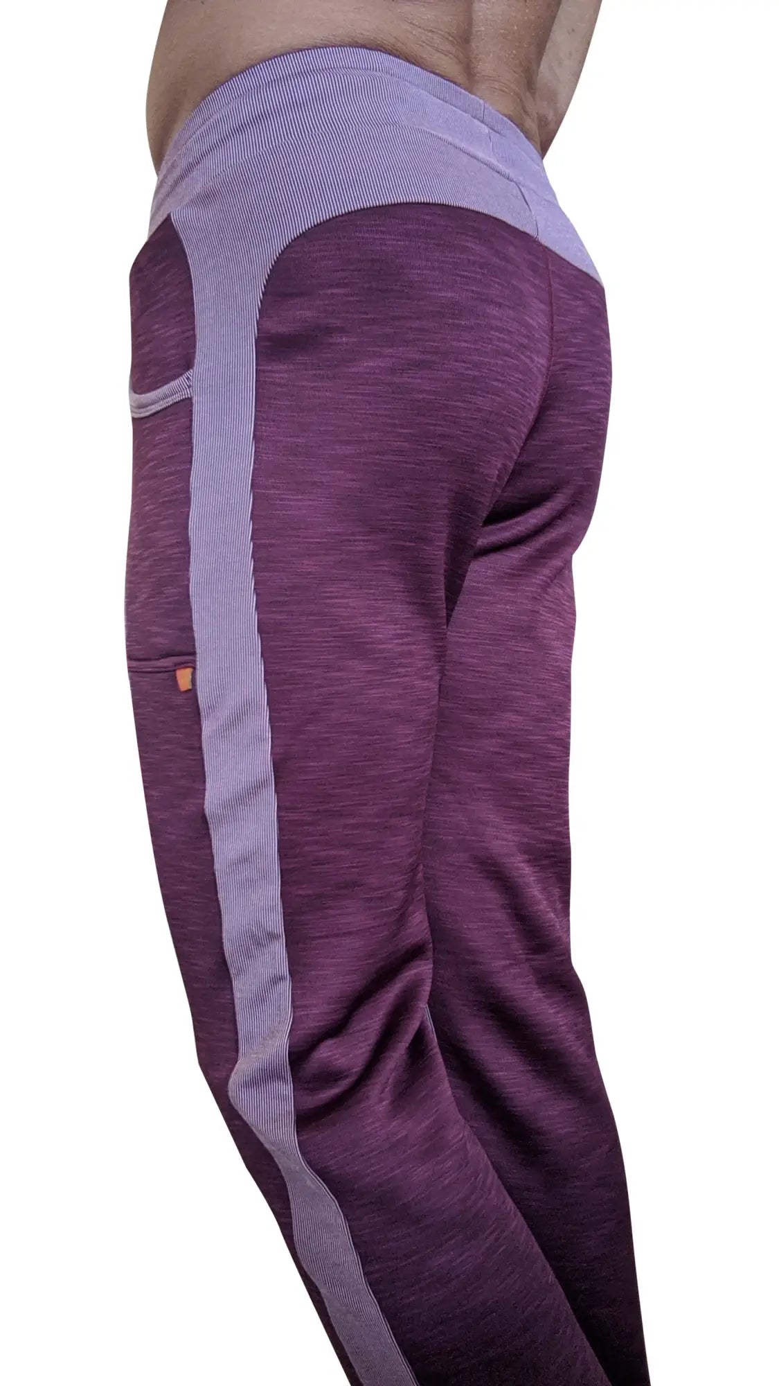 Winter collection thick-weight fleece track pants in plum purple with gray vertical stripes and textured fabric