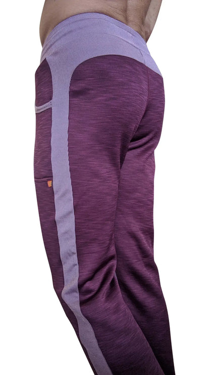 Winter collection thick-weight fleece track pants in plum purple with gray vertical stripes and textured fabric