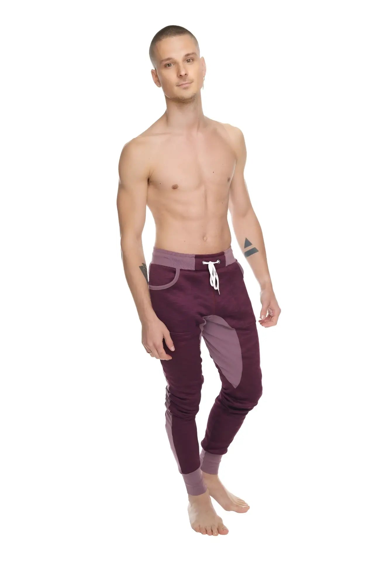 Winter edition performance-luxe-fleece long cuffed jogger in maroon and lavender with drawstring waistband for yoga
