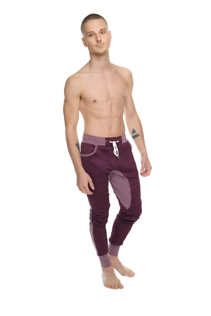 Winter edition performance-luxe-fleece long cuffed jogger in maroon and lavender with drawstring waistband for yoga
