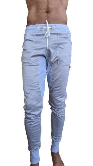 Light blue heathered winter edition performance-luxe-fleece jogger pants with white drawstring and side pockets