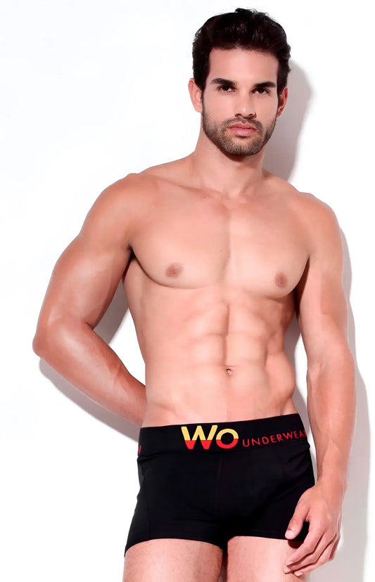 Black men’s boxer briefs size M with bold yellow and red wo underwear logo on black waistband solid fabric