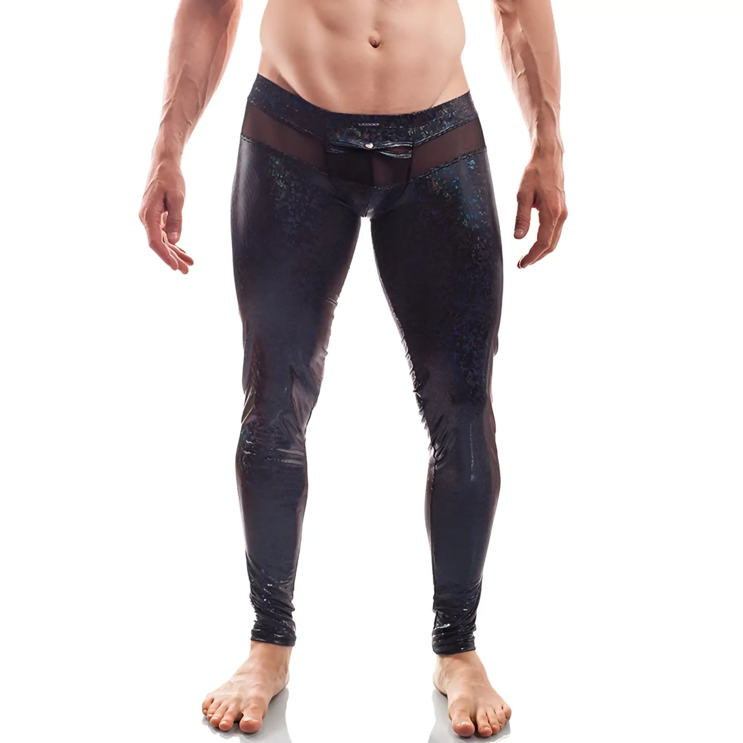 Wojoer black jack disco powernet insert button leggings in size XL feature glossy black fabric with shimmer and mesh waistband panels