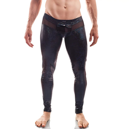 Wojoer black jack disco powernet insert button leggings in size XL feature glossy black fabric with shimmer and mesh waistband panels