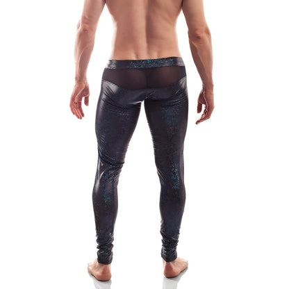 Wojoer black jack disco powernet insert button leggings in black with a shiny blue and green cosmic pattern size xl